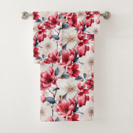 赤かわいらしさくらんぼ花柄 バスタオルセット