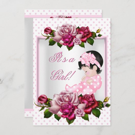 赤かわいらしちゃんシャワーかわいい女の子ピンクのバラ水玉模様 招待状 (正面/裏面)