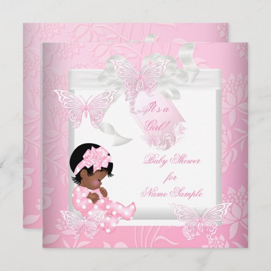 赤かわいらしちゃんシャワーかわいい女の子ピンクバタフライオウム 招待状 (正面/裏面)