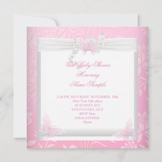 赤かわいらしちゃんシャワーかわいい女の子ピンクバタフライオウム 招待状 (裏面)