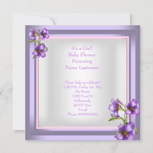 赤かわいらしちゃんシャワーかわいい赤ちゃんガールパープルフローラ 招待状 (裏面)