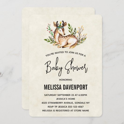 赤かわいらしちゃんシャワーを浴びる水彩鹿 招待状 (正面/裏面)