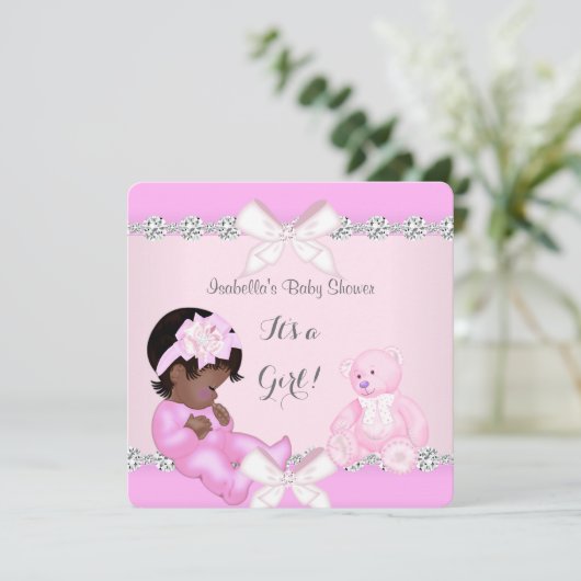 赤かわいらしちゃんシャワーガールピンクおもちゃクマ 招待状 (スタンド正面)