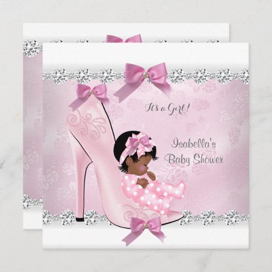 赤かわいらしちゃんシャワーガールピンクダイヤモンドハイヒール 招待状 (正面/裏面)