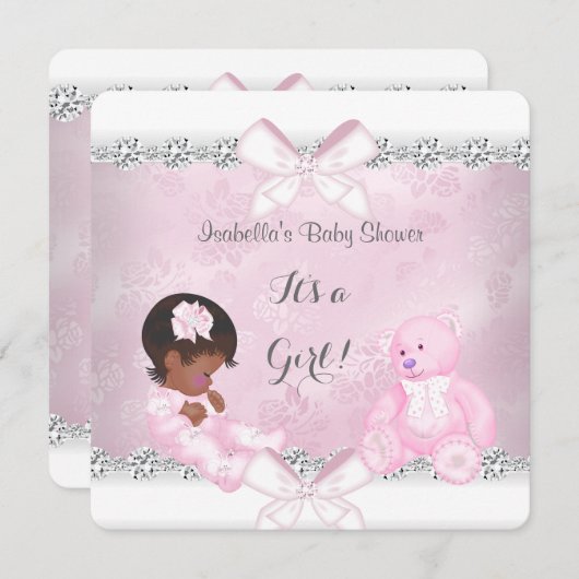 赤かわいらしちゃんシャワーガールピンクホワイトベア 招待状 (正面/裏面)