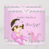 赤かわいらしちゃんシャワーガールピンク水玉模様子猫2 招待状 (正面/裏面)