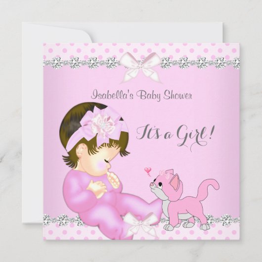 赤かわいらしちゃんシャワーガールピンク水玉模様子猫2 招待状 (正面)