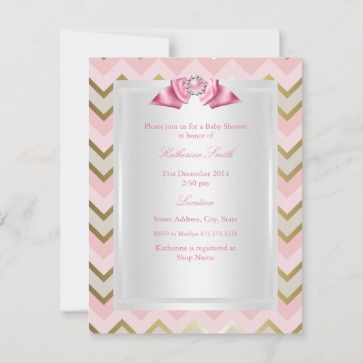 赤かわいらしちゃんシャワーガールピンク金ゴールドシェブロン 招待状 (裏面)