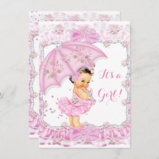 赤かわいらしちゃんシャワーガールフローラピンクブルネット 招待状 (正面/裏面)