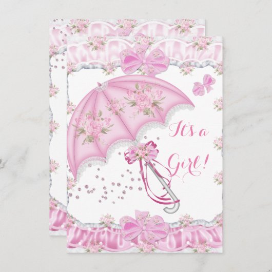 赤かわいらしちゃんシャワーガールフローラピンク傘 招待状 (正面/裏面)