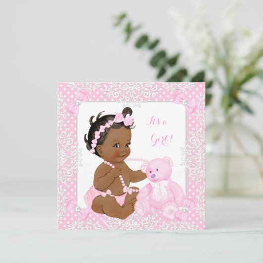 赤かわいらしちゃんシャワー女の子レースピンクベアエスニック 招待状 (スタンド正面)