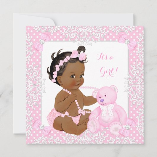 赤かわいらしちゃんシャワー女の子レースピンクベアエスニック 招待状 (正面)