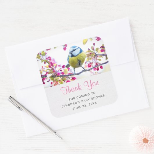 赤かわいらしちゃん枝付きシャワーに青と黄色の鳥 スクエアシール (封筒)