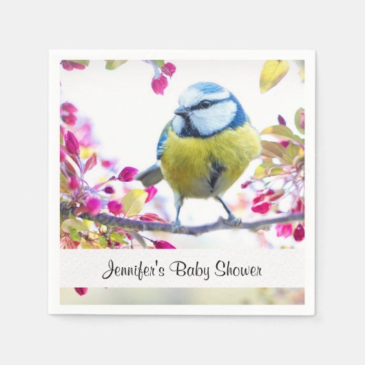 赤かわいらしちゃん枝付きシャワーに青と黄色の鳥 スタンダードカクテルナプキン (正面)