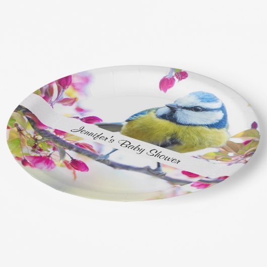 赤かわいらしちゃん枝付きシャワーに青と黄色の鳥 ペーパープレート (アングル)