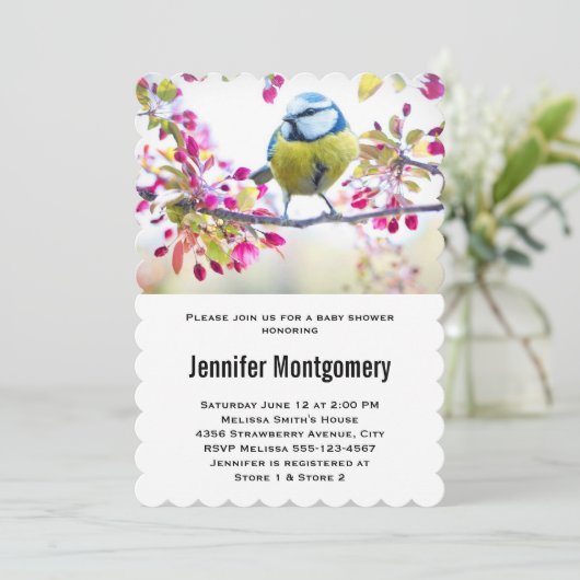 赤かわいらしちゃん枝付きシャワーに青と黄色の鳥 招待状 (スタンド正面)