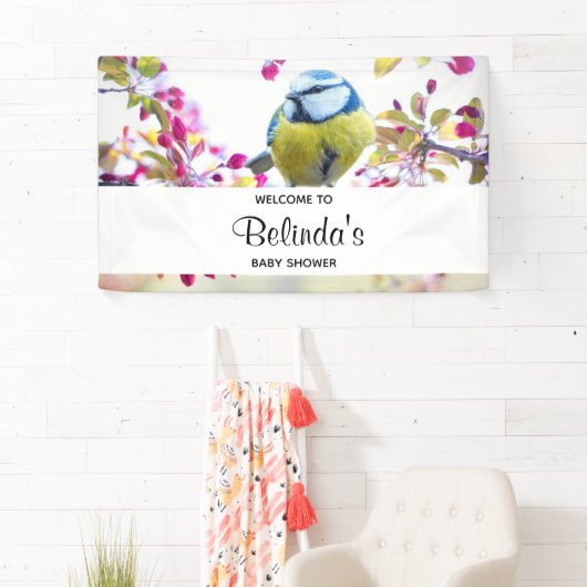 赤かわいらしちゃん枝付きシャワーに青と黄色の鳥 横断幕 (インサイチュ)