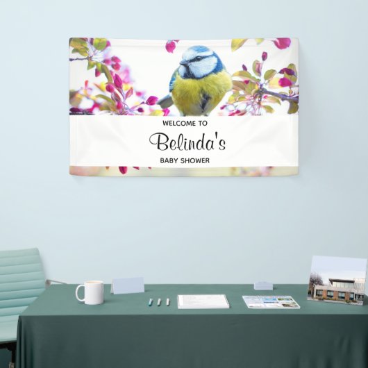 赤かわいらしちゃん枝付きシャワーに青と黄色の鳥 横断幕 (トレードショー)