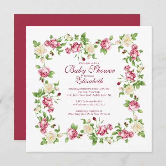 赤かわいらしと白のバラのフローラ少女ベビーシャワー 招待状 (正面/裏面)