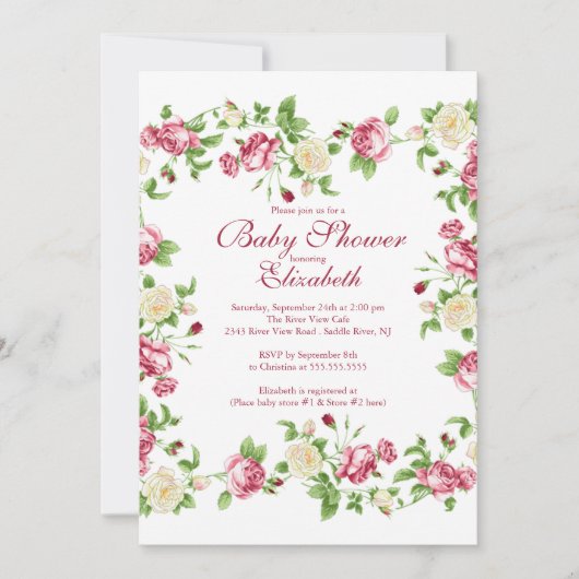 赤かわいらしと白のバラのフローラ少女ベビーシャワー 招待状 (正面)