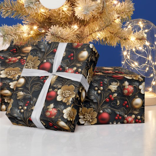赤かわいらしと金ゴールドオーナメント金ゴールドフラワーホリー ラッピングペーパー (クリスマス)