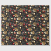 赤かわいらしと金ゴールドオーナメント金ゴールドフラワーホリー ラッピングペーパー (フラット)