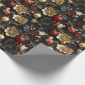 赤かわいらしと金ゴールドオーナメント金ゴールドフラワーホリー ラッピングペーパー (角)