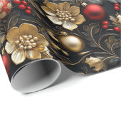 赤かわいらしと金ゴールドオーナメント金ゴールドフラワーホリー ラッピングペーパー (ロールコーナー)