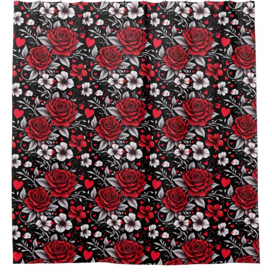 赤かわいらしと黒と白のバラ、ハート シャワーカーテン (正面)
