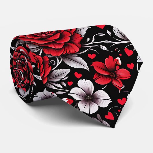 赤かわいらしと黒と白のバラ、ハート ネクタイ (ロール)