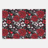 赤かわいらしと黒と白のバラ、ハート ラッピングペーパーシート (正面)