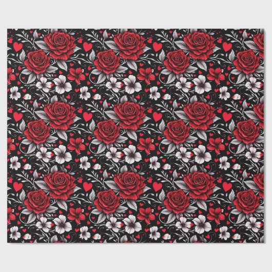 赤かわいらしと黒と白のバラ、ハート ラッピングペーパー (フラット)
