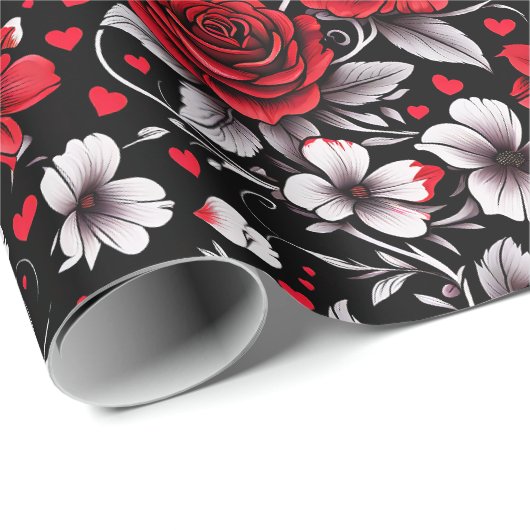 赤かわいらしと黒と白のバラ、ハート ラッピングペーパー (ロールコーナー)