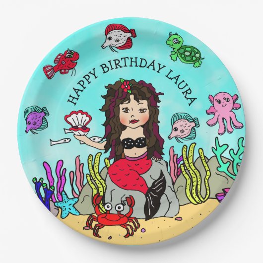 赤かわいらしと黒の人魚誕生日 ペーパープレート (正面)