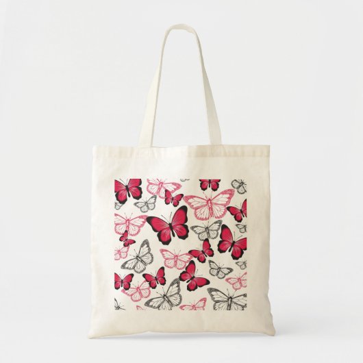 赤かわいらしと黒の蝶アートパターン トートバッグ (正面)