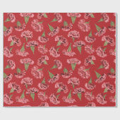 赤かわいらしにピンクのカーネーションの花パターン（の模様が）ある ラッピングペーパー (フラット)