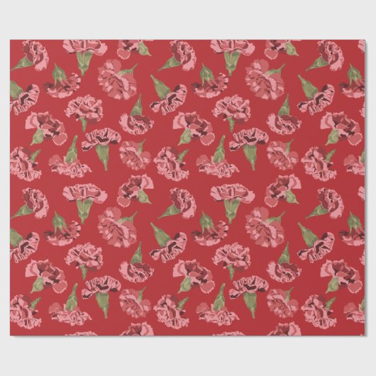 赤かわいらしにピンクのカーネーションの花パターン（の模様が）ある ラッピングペーパー (フラット)