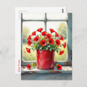 赤かわいらしケシのヴィンテージポット ポストカード (正面/裏面)