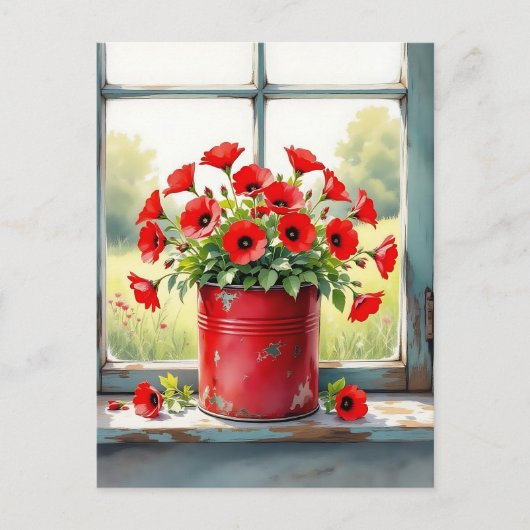 赤かわいらしケシのヴィンテージポット ポストカード (正面)