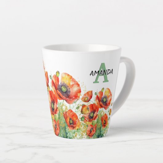 赤かわいらしケシモノグラムのフローラ カフェラテマグ (右アングル)