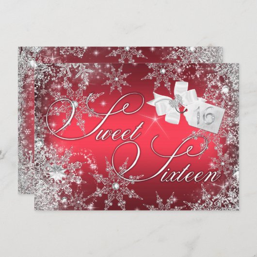 赤かわいらしスノーフレークスウィート16招待状 招待状 (正面/裏面)