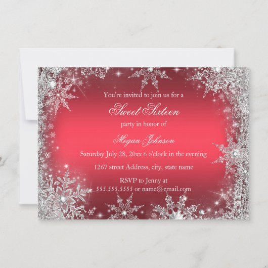 赤かわいらしスノーフレークスウィート16招待状 招待状 (裏面)