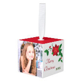 赤かわいらしポインセチア写真テンプレート キューブオーナメント (正面アングル)