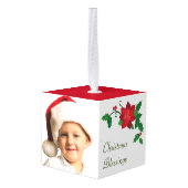 赤かわいらしポインセチア写真テンプレート キューブオーナメント (裏面アングル)