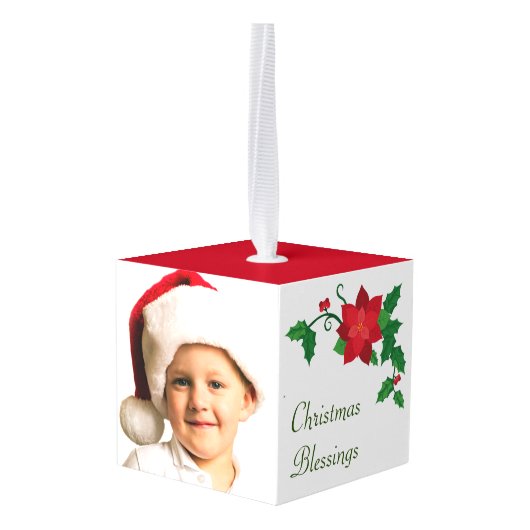 赤かわいらしポインセチア写真テンプレート キューブオーナメント (裏面アングル)