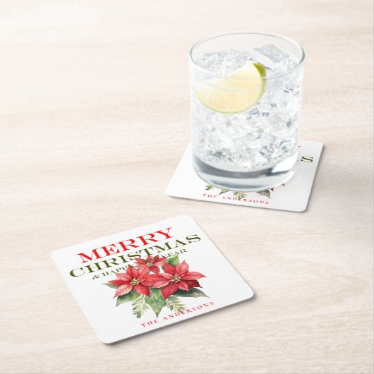 赤かわいらしポインセチア花メリークリスマスパーティー スクエアペーパーコースター (インサイチュ)