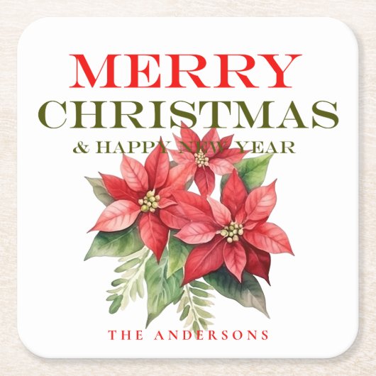 赤かわいらしポインセチア花メリークリスマスパーティー スクエアペーパーコースター (正面)