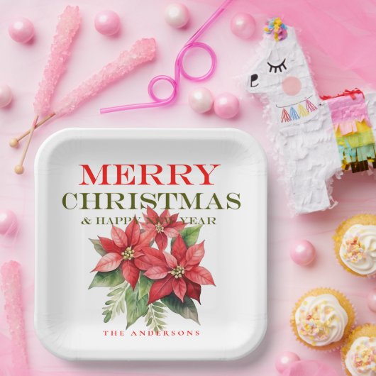 赤かわいらしポインセチア花メリークリスマスパーティー ペーパープレート (パーティー)