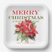 赤かわいらしポインセチア花メリークリスマスパーティー ペーパープレート (正面)