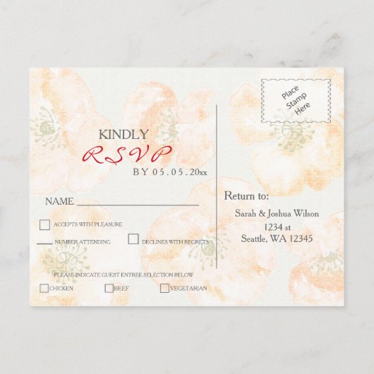 赤かわいらしポピーモダンズフローラ結婚式 インビテーションポストカード (裏面)